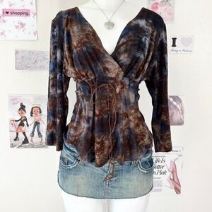 PS Y2K Brown & Blue Tie-Dye Wrap Tie Front Long Sleeve Top